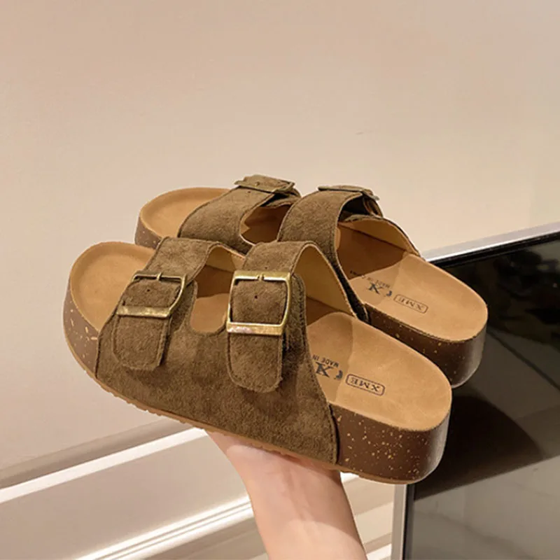 Women's Soft-soled Platform Sandals Double Buckle Flat Slippers