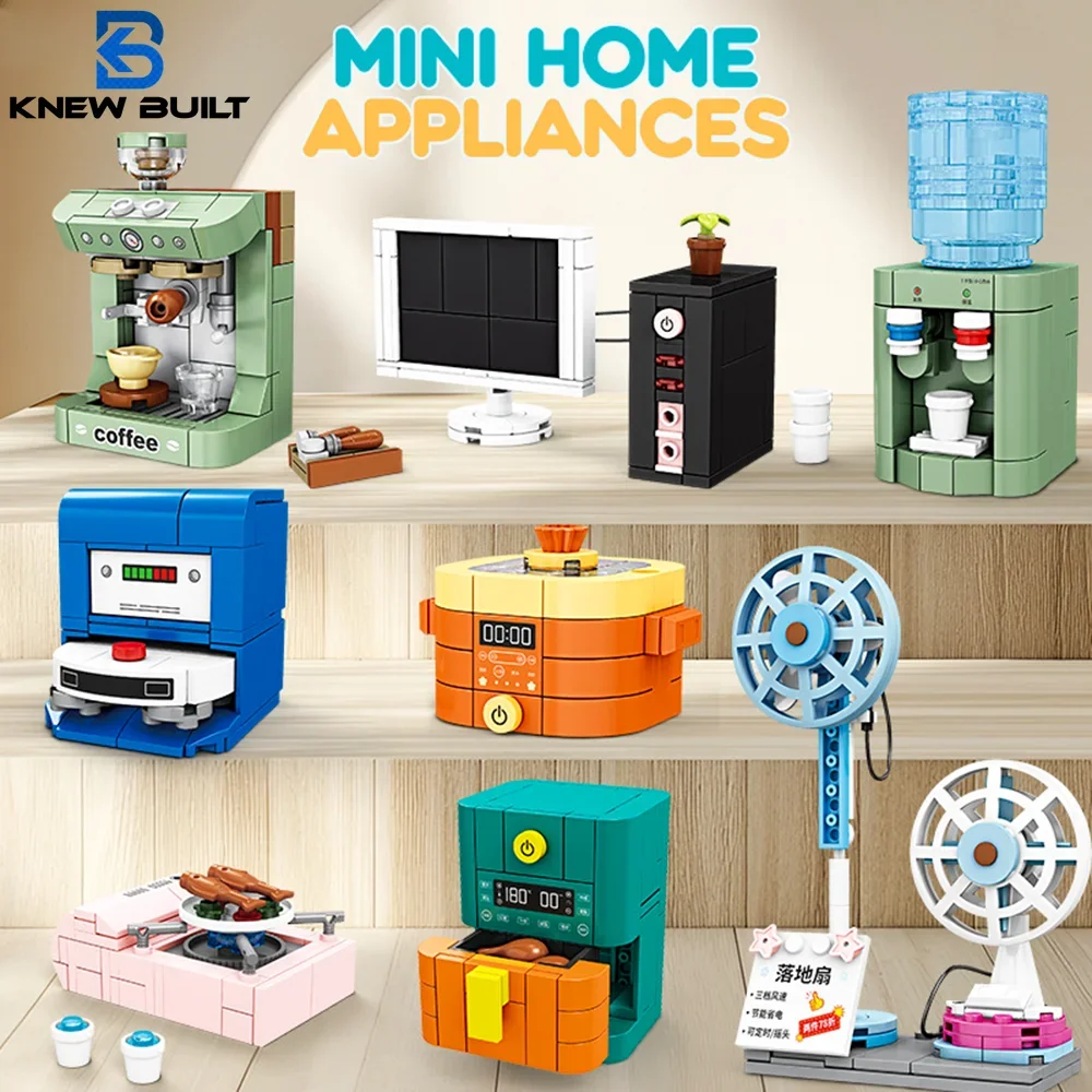 Bausteine für Kinder, Spielzeug, Rollenspiel, Haushaltsgerät, Geburtstags- und Weihnachtsgeschenk, Mini-Geräte-Set, einschließlich Ventilator, Computerkocher
