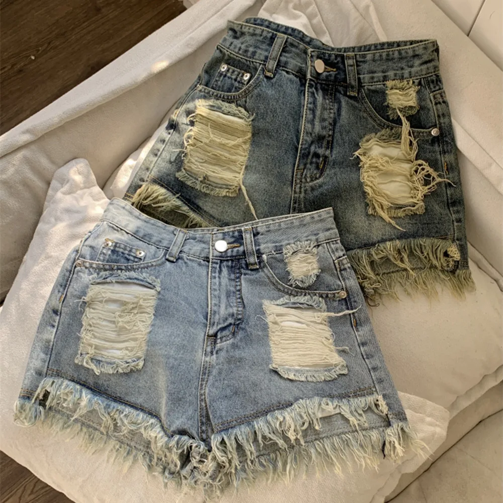 

Trend Irregular Hole Patchwork Short Jeans Women's High Waist Slim Cuff Waist Wide Leg Shorts 2023 Summer New