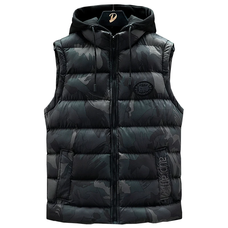 

Winter New Fashion Camouflage Men's Warm Vest Large Size 8XL Hooded Sleeveless Jacket Slim Fit Gilet Coat Male Thermal Vest