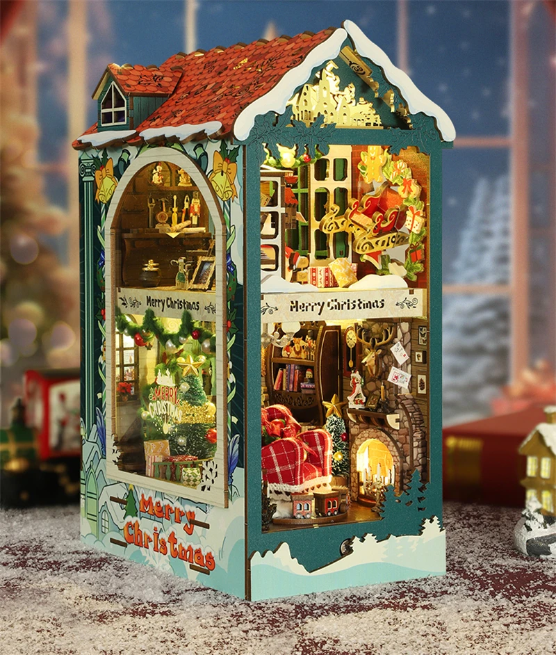 Description Picture 2 of itemNEW Merry Christmas DIY Wooden Book Nook Shelf Insert Miniatures Kits Bookshelf Home Bookend Decoration For Adult Handmade Gifts