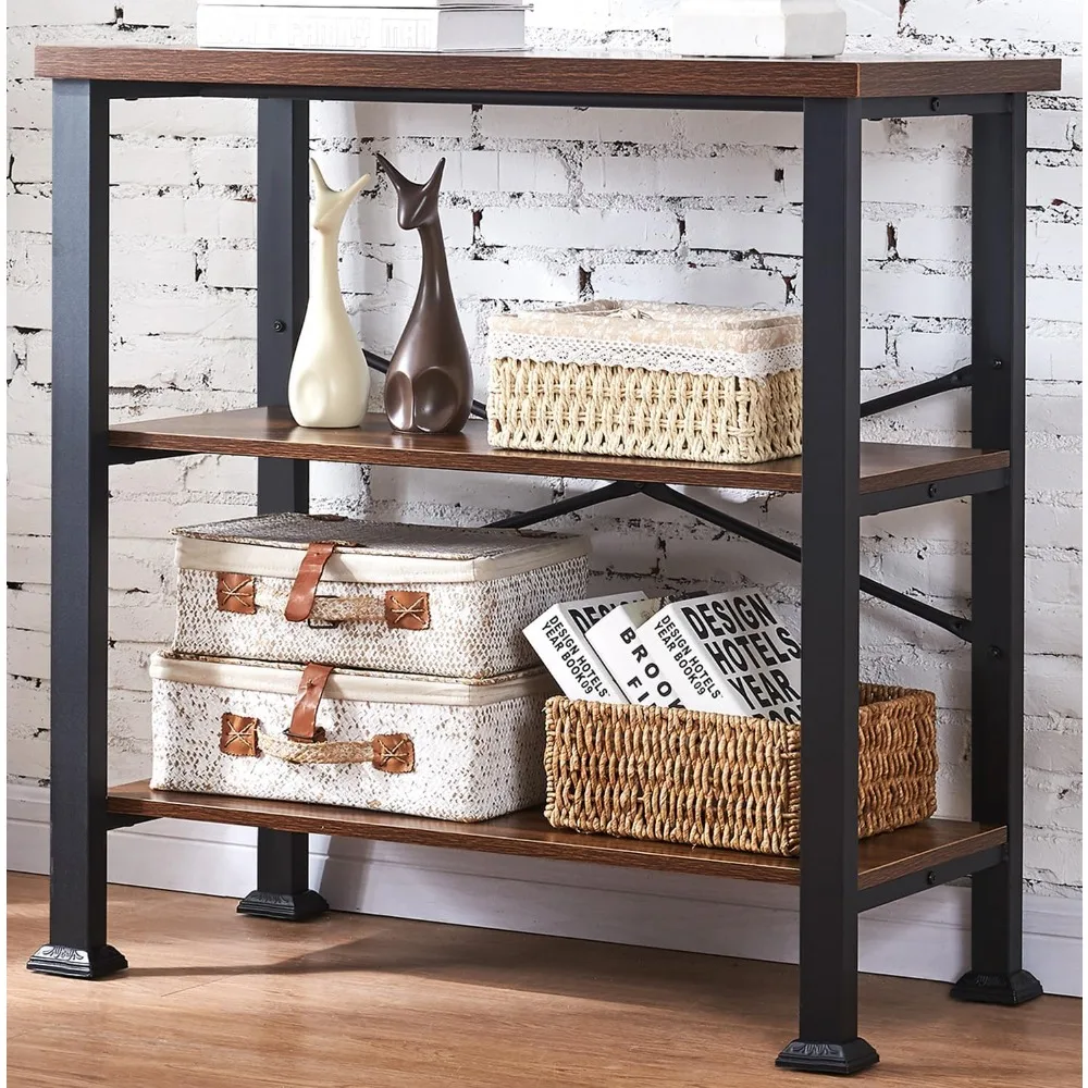 Bookshelf, 3-Tier Vintage Industrial Book Shelf, Rustic Wood and Metal Bookcase and Bookshelves, Free Standing Storage