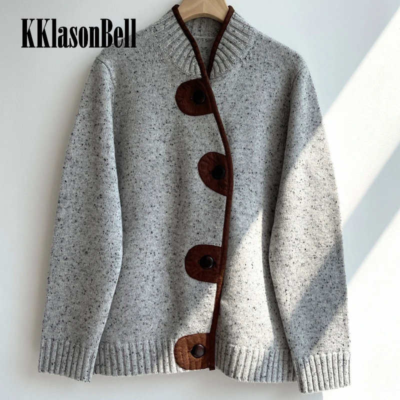 

11,6 KKlasonBell 100% кашемировый однобортный трикотажный кардиган контрастных цветов с воротником-стойкой, женский свитер