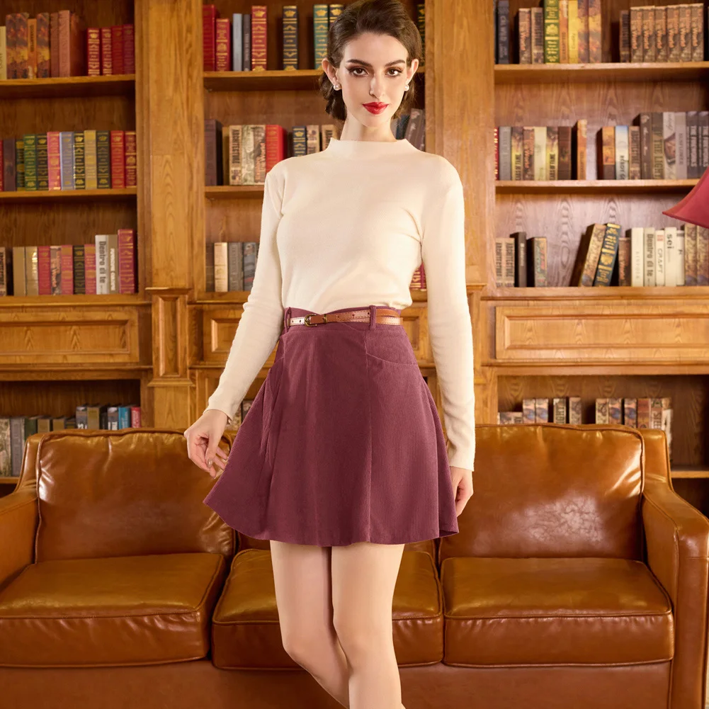 BP Women Vintage Corduroy Skirt With Belt Elastic Waist Mid-Thigh Slim Fit Above Knee A-Line Skirt Casual Fashion Lady Clothes