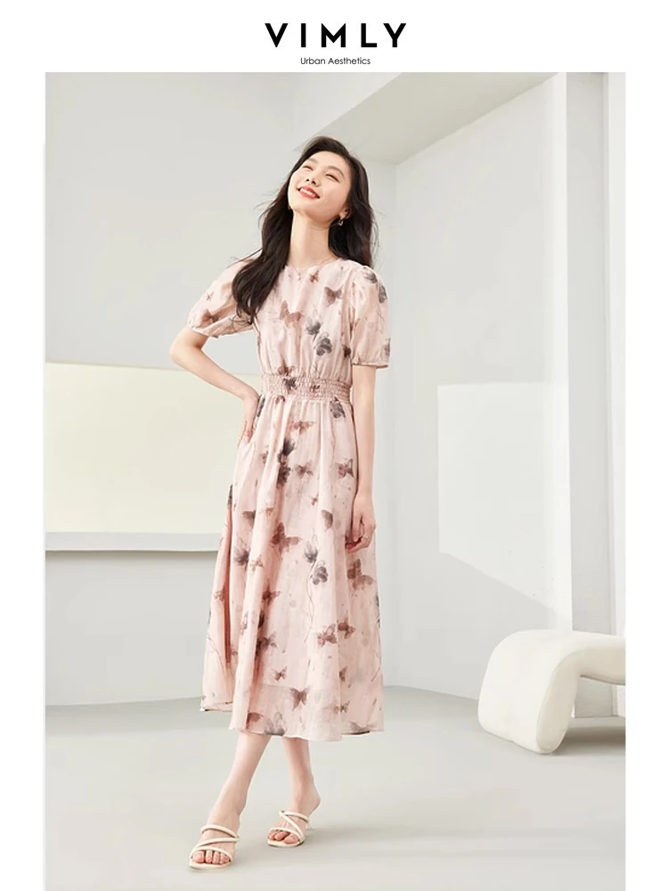 

VIMLY Bufferfly Prints A-Line Dress For Women 2024 Summer Elastic Waist Dress O Neck Casual Puff Sleeves Bodycon Dresses M7099