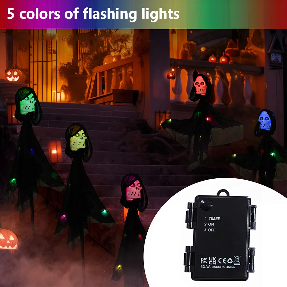 3 Pcs Halloween Skull Pathway Lights Halloween Pathway String Lights With IP44 Waterproof Battery Box Stake For Outdoor Garden