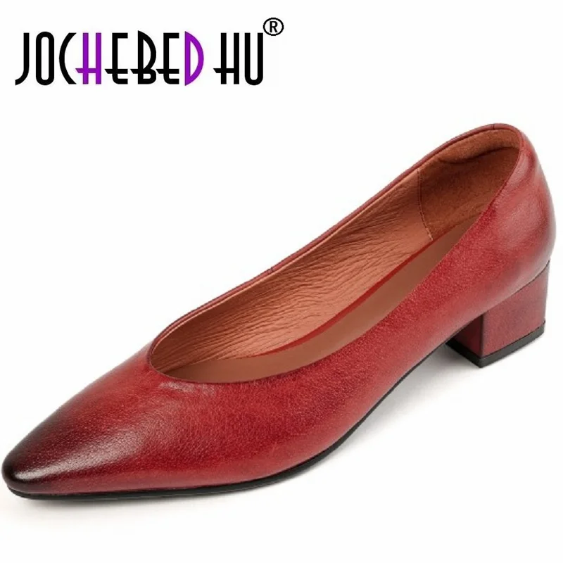 

【JOCHEBED HU】Classic Concise Women Pumps Thick Heels Genuine Leather Office Lady Working Mature Basic Shoes Spring Autumn 34-40