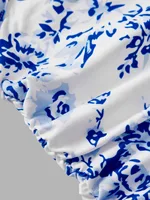 Robe d'été pour filles, imprimé floral bleu, taille froncée, ourlet à volants, tenue décontractée pour vacances à la plage 6
