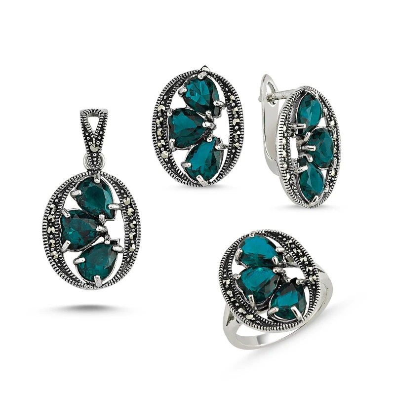 

Silver 925 Sterling Marcasite Pendant Earring & Ring Set