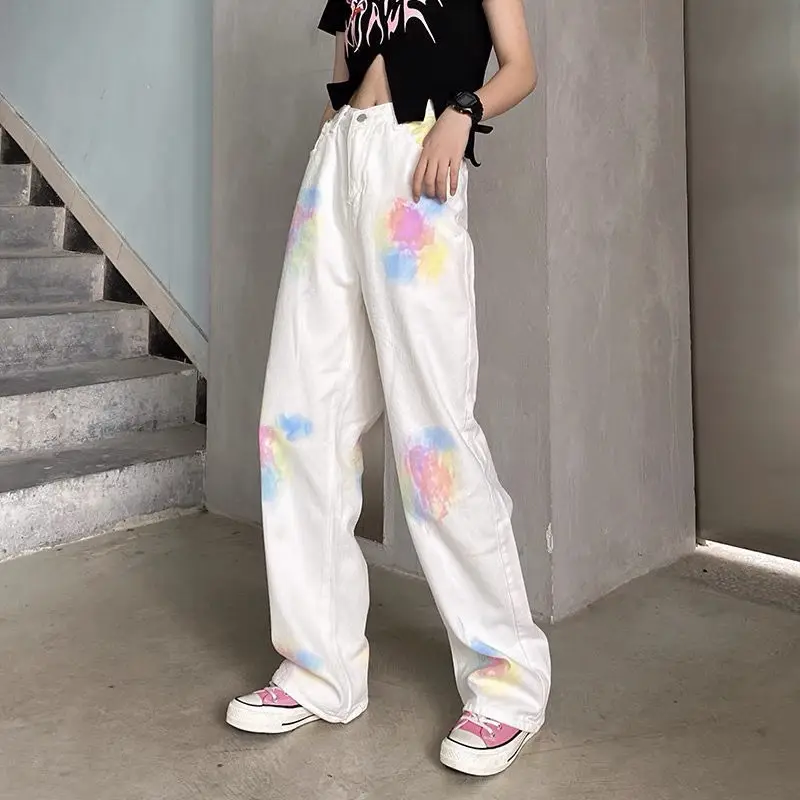 New Women Tie Dyed Jeans Spring Autumn Pocket Painted Pattern Washing High Waist Fashion Casual Loose Versatile Wide Leg Pants