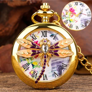 Charm Golden Dragonfly Butterfly Hollow Cover Quartz Pocket Watch Women Elegant Retro Fob Chain Necklace Pendant Pocket Clock