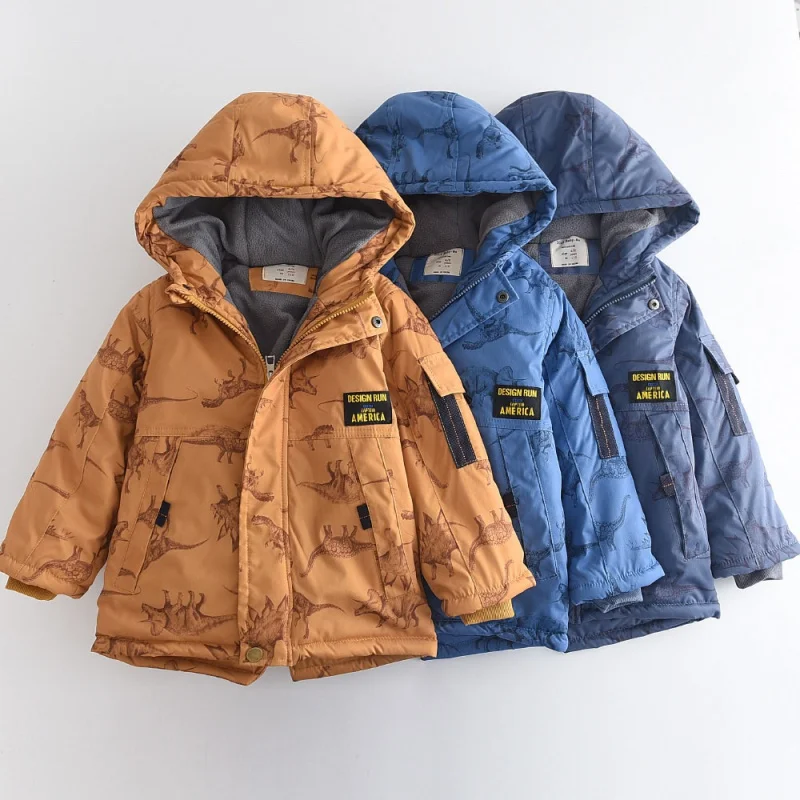 

20037 2023 Winter New Dinosaur Printed Boys' Fleece-Lined Thickened Hooded Cotton Jacket Cotton-Padded Jacket