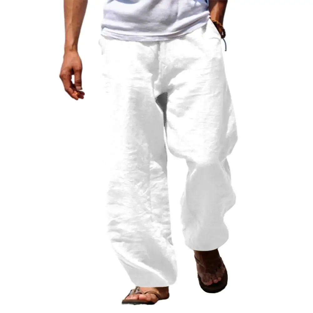 

Men Pockets Long Pants Streetwear Men's Elastic Waist Wide Leg Trousers with Pockets Simple Casual Solid Color Pants for A