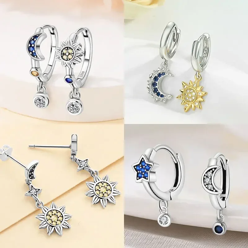 Sterling Silver S925 Earring Star and Moon Sun Series Drop Earrings Women Valentine's Day Gift