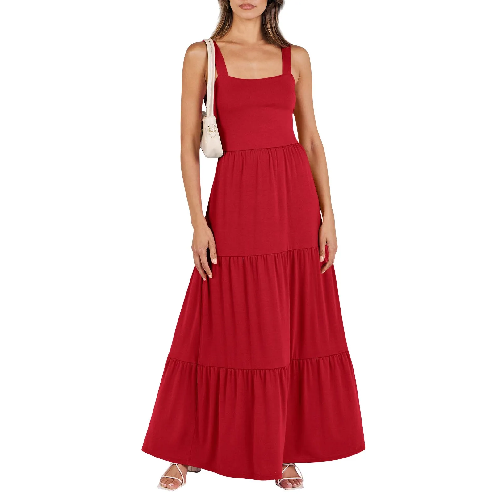 

Women's Summer Casual Long Maxi Beach Vacation Dresses Sleeveless Square Neck Flowy Tiered Sun Dress With Pockets فساتين طويلة #