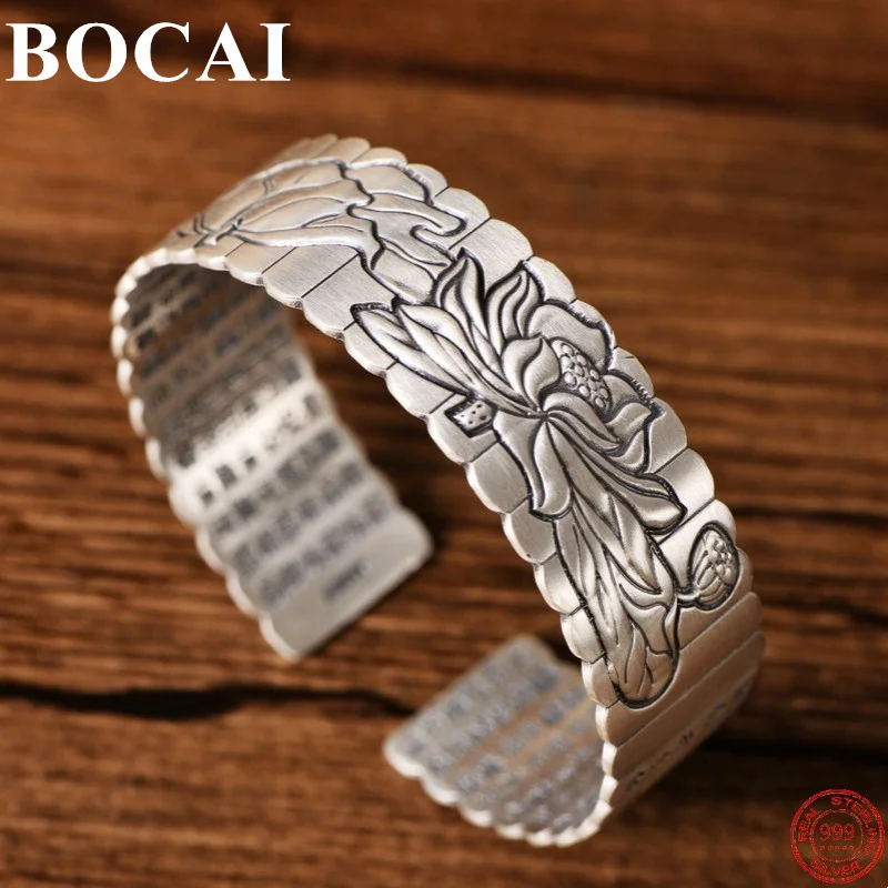 

BOCAI Real Sterling Silver S999 Bracelet Matte Frosted Lotus Sutra Great Mercy Mantra Women's Retro Opening Bangle