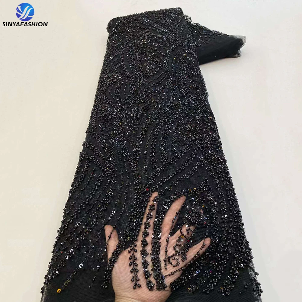 

Sinya Black Fully Pearls Sequins African Lace Fabric 2024 French Embroidery High Quality Luxury Heavy Beaded Bridal Wedding Lace