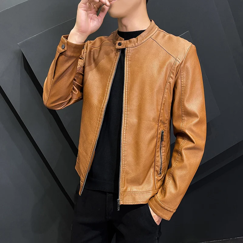 

2023 Casual Motorcycle Windbreaker Zip Stand Collar Faux Leather Jacket Men Slim High Quality Fashion Wool Liner Coat Streetwear