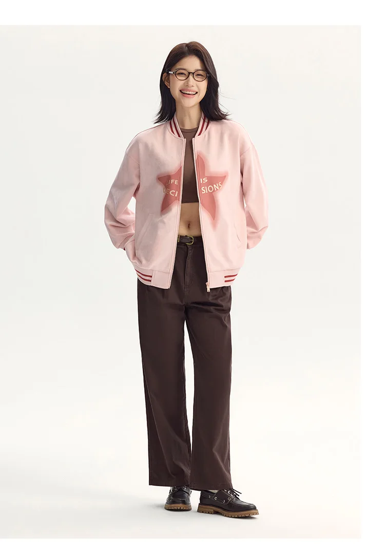 Coat Women Mid-Length Imitation Suede Loose Contrast Color Jacket Autumn Letter American Retro Star Baseball Coat