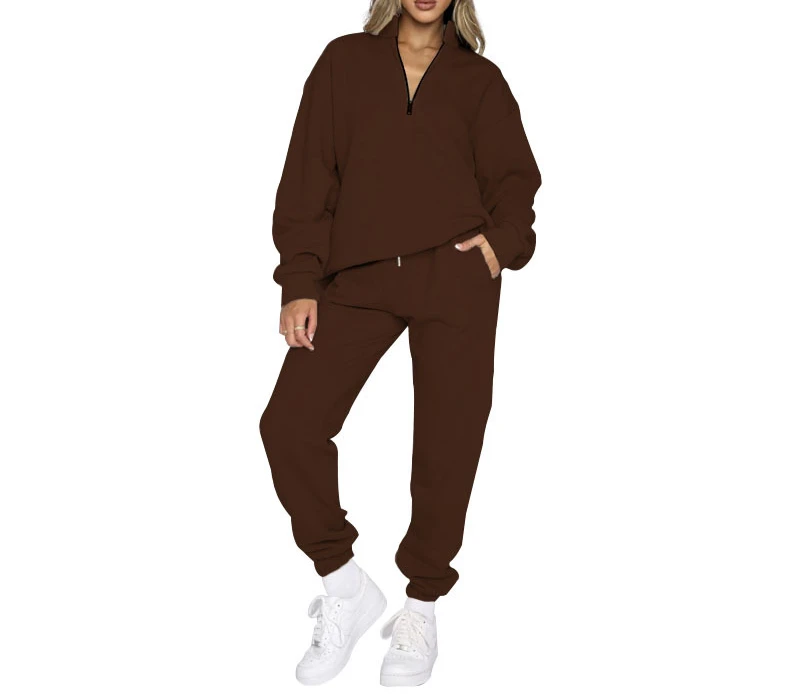 Women's Autumn and Winter New Solid Collar Zipper Pullover Long Sleeve Sweater Two-piece Fashion Pants Suit Female Top & Trouser