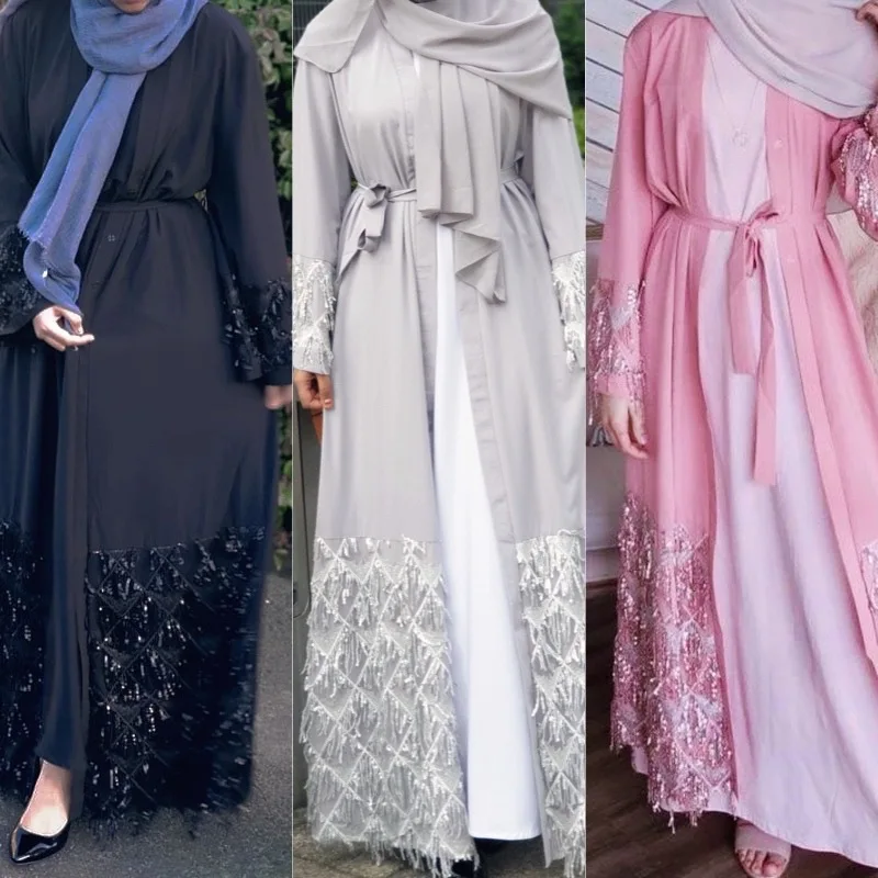 

Türkiye Middle East Arab fashion women's dress with sequins cardigan Abaya Muslim women's gown