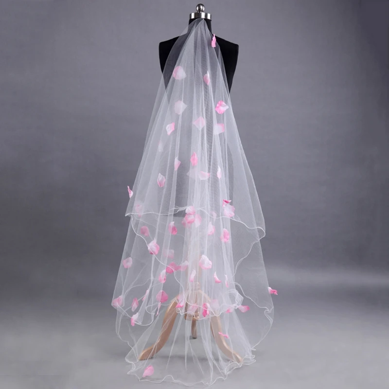 

Romantic Wedding Veil Dress Pink Petals Decoration Veil Layers Tulle Ribbon Edge Bridal Veils