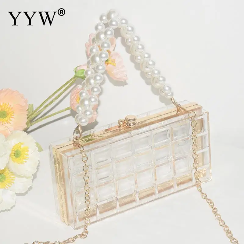 Fashion Acrylic Clutch Bag Evening Bag For Elegant Women Pearl Beads Decor Lock Chain Shoulder Bag Purses Transparent Clutch Bag