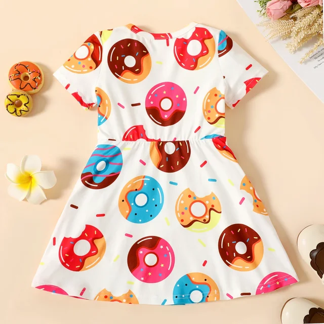 PatPat Toddler Girl Food Donut Print Short-sleeve Dress Soft PatPat Toddler Girl Food Donut Print Short-sleeve Dress Soft