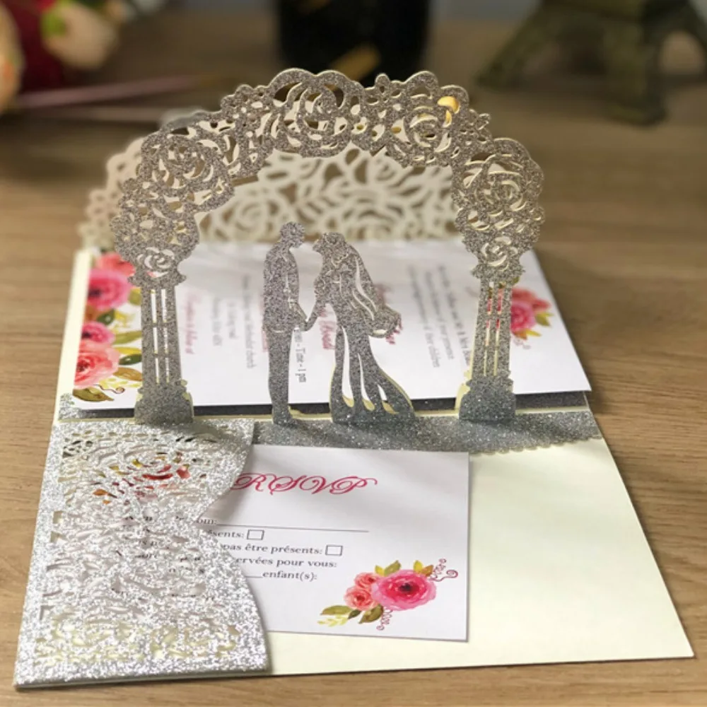 3D Bride and Groom Rose Gold Pop Up Wedding Invitations Laser Cut Greeting Cards Envelope Navy Blue White Pink Greeting Cards