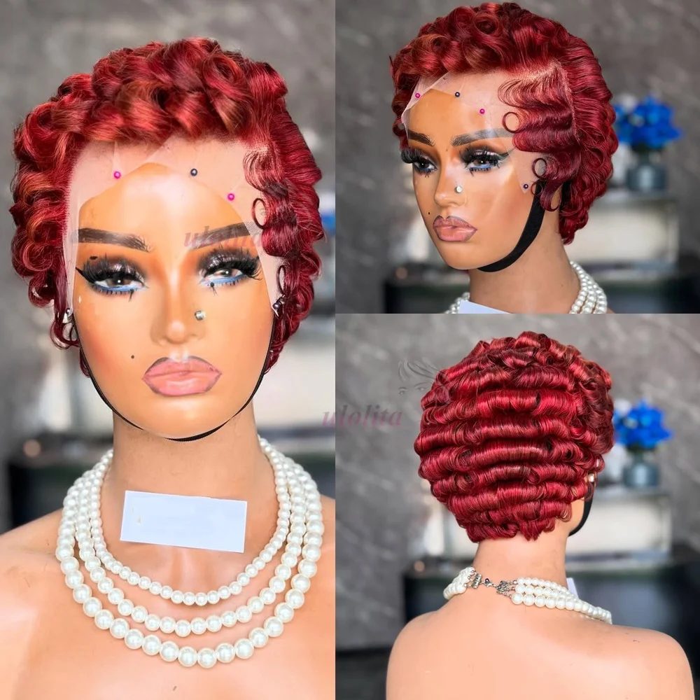 99J burgundy Pixie Cut Wig Human Hair Short Curly Lace Front Human Hair Wig Raw Indian Finger Wave Wig 13x4 Transparent Lace Wig