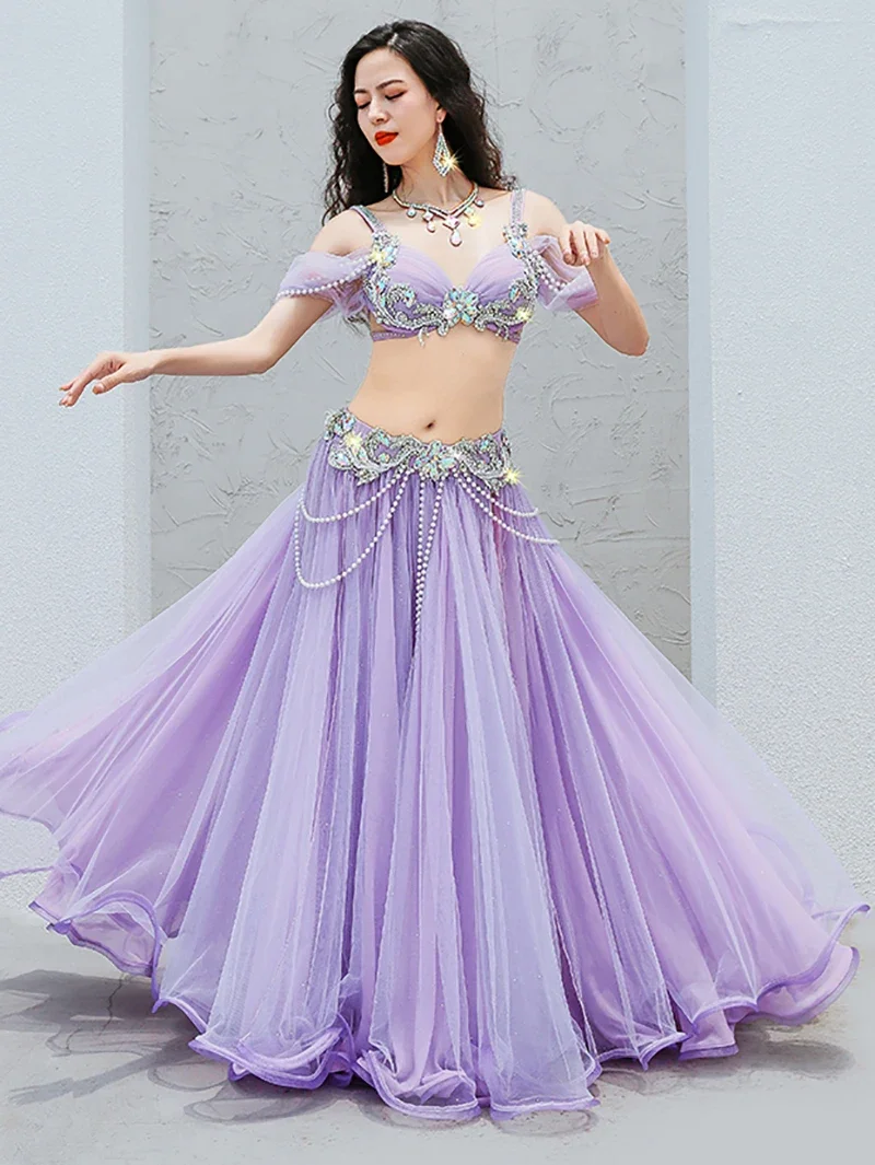 

Adult Women Belly Dance Costume Mesh Fairy Performance Bra Skirt Suit Popsong Opening Dancewear Competition Party Club Clothing
