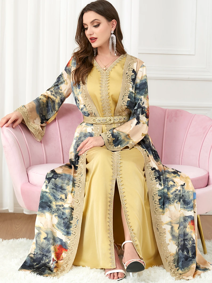

Moroccan Caftan Woman Jalabiya Abaya Muslim Dubai Ladies Luxury Belt Embroidery Kaftans 2 Piece Suit Islamic Long Dresses 2023
