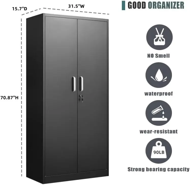 Cabinet with Adjustable Shelves, Garage Cabinet with 2 Lockable Doors, Garage Storage Cabinet, Kitchen Pantry Cabinet - 71'H