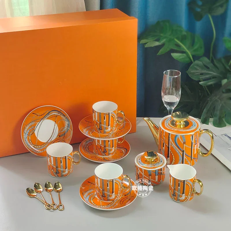 Европейский кофейник из костяного фарфора, 15 штук, кофейник оранжевого цвета, кофейник для молока, набор для комбинированного послеобеденного чая, домашнего кофе