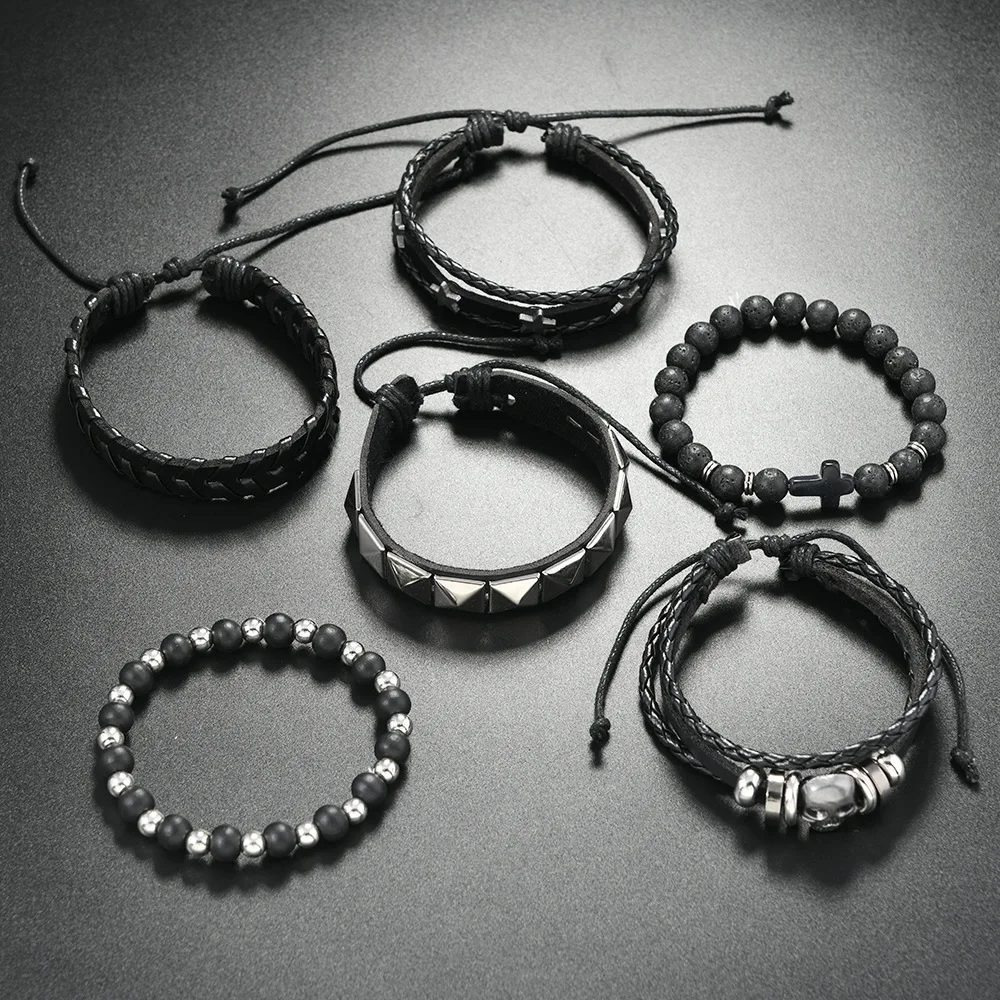 Vintage Gothic Style Leather Bracelets For Men Fashion Punk Cosplay Cross Star Braided Rope Chain Leather Bracelets Gifts