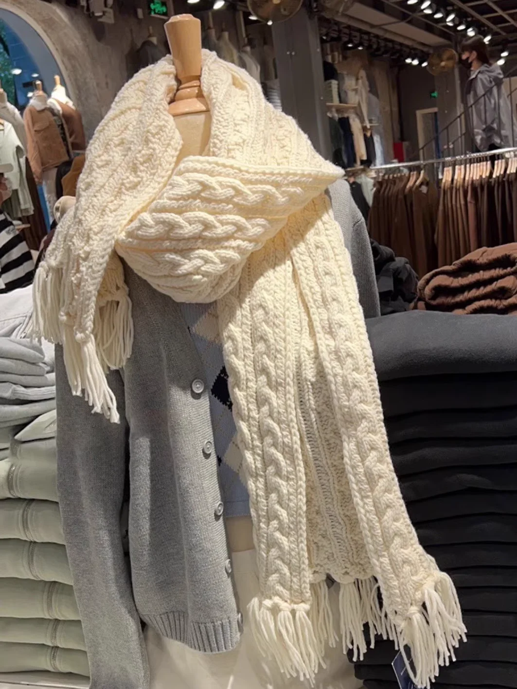 Tassel Twisted Flower Knitted Scarf For Woman Autumn Winter Unisex Thick Warm Long Size Casual Beige Sweet Scarves Hand Made