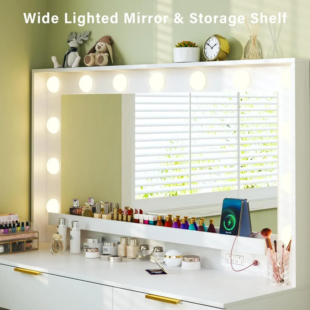 Makeup Vanity Desk with Lights & Large Mirror, 39.3in Vanity Desk with Mirror and Lights, 3 Lighting Color Adjustable, 5 Drawers 4
