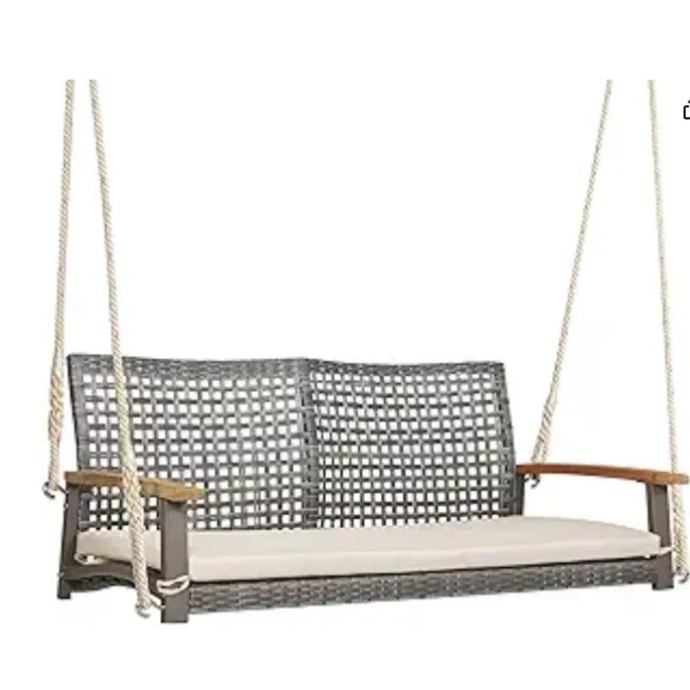 2-Person Patio Porch Swing Chair, Outdoor Rattan Swing Bench with Acacia Wood Armrests & Two 118” Hanging Ropes 6