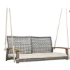 2-Person Patio Porch Swing Chair, Outdoor Rattan Swing Bench with Acacia Wood Armrests & Two 118” Hanging Ropes 6