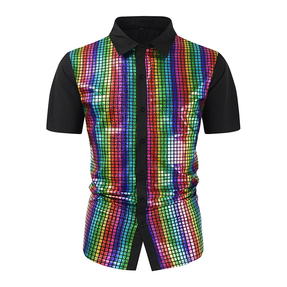 New Men's Vintage 70s Disco Costume Shirts Tops Shiny Sequins Short Sleeve Lapel Single Breasted Shirts Blouse Man Clothing