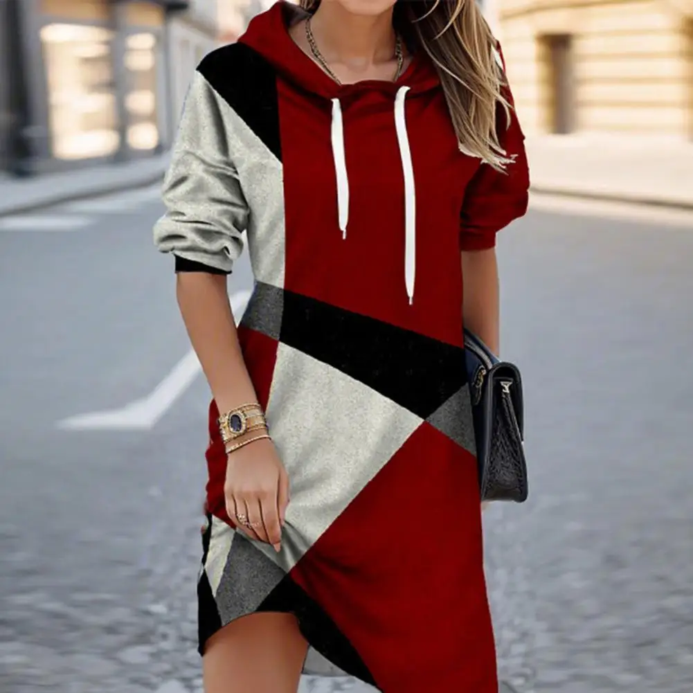 

Women Loose Dress Colorblock Hooded Drawstring Dress for Women Cozy Patchwork Pullover with Long Sleeves Loose for Fall/winter