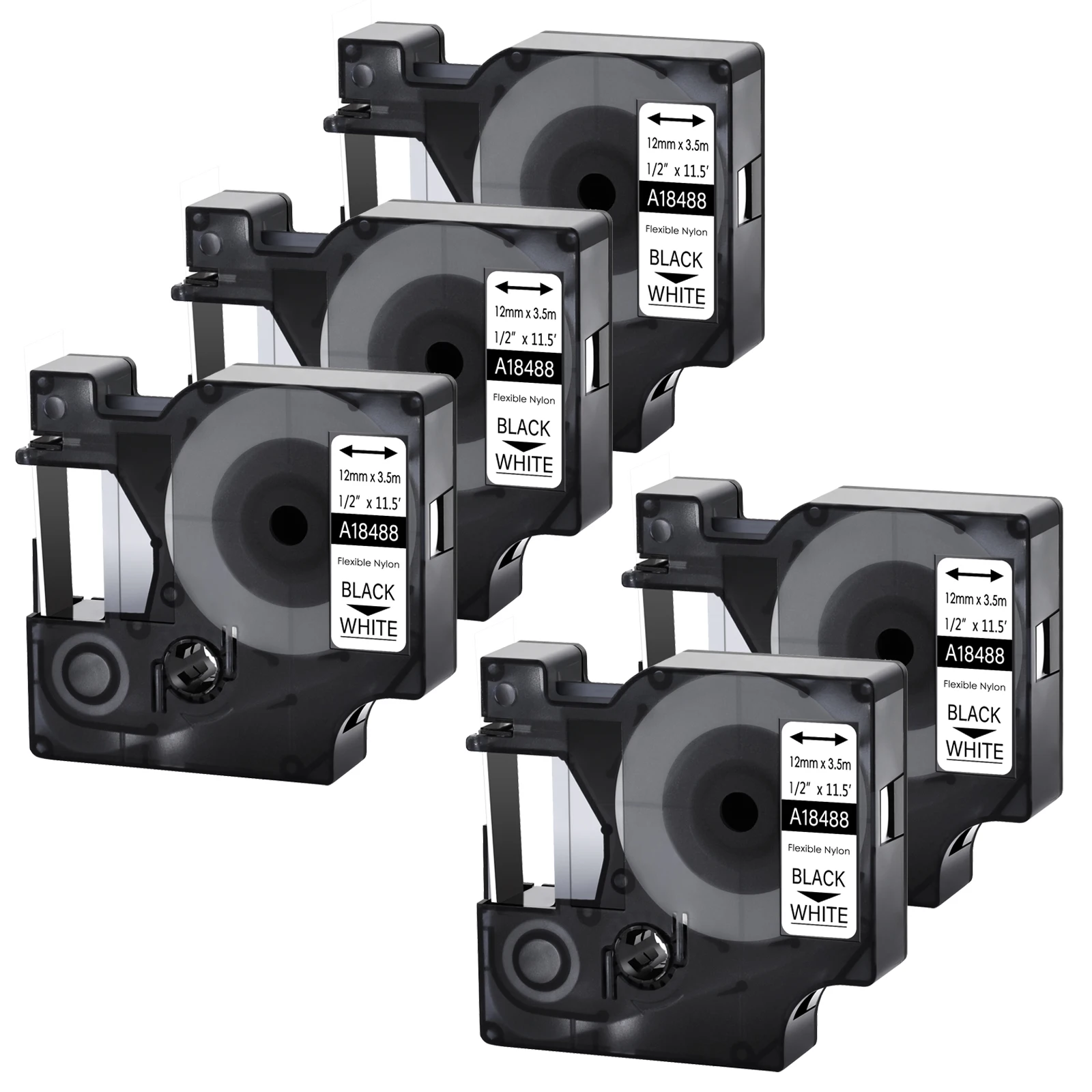 Nastro Per Etichette 5 Pezzi Compatibile Per Dymo 18488 Nero Su Bianco 12/19Mm Nastri In Nylon Flessibile Industriale Per Rhino 4200 6000 3M Pl200