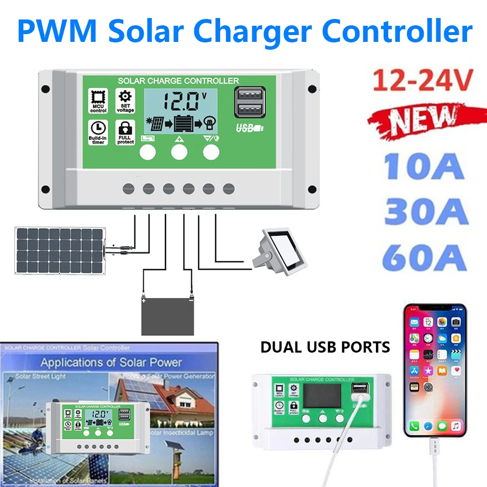 10A/20A/30A LCD Solar Charge Controller Lithium Battery PWM Solar Panel Charger☆ 