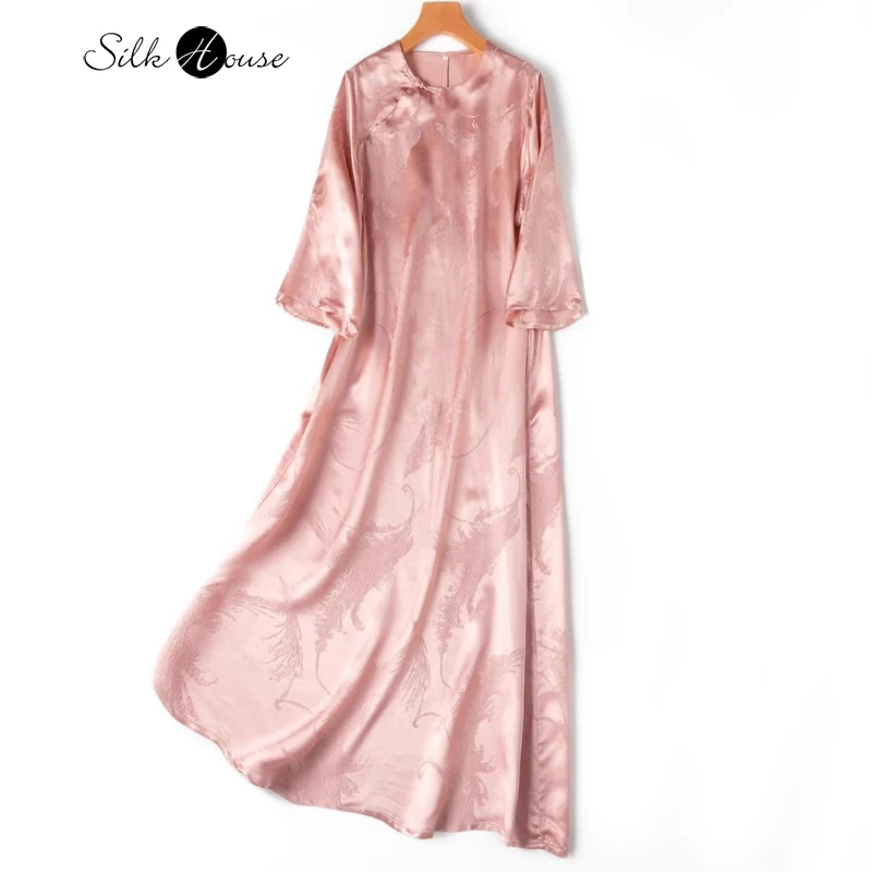 

2024 Women's Fashion New Pink 30MM Heavyweight 50%Natural Mulberry Silk Intertwine GuanLe Satin Three-quarter Sleeve Dress