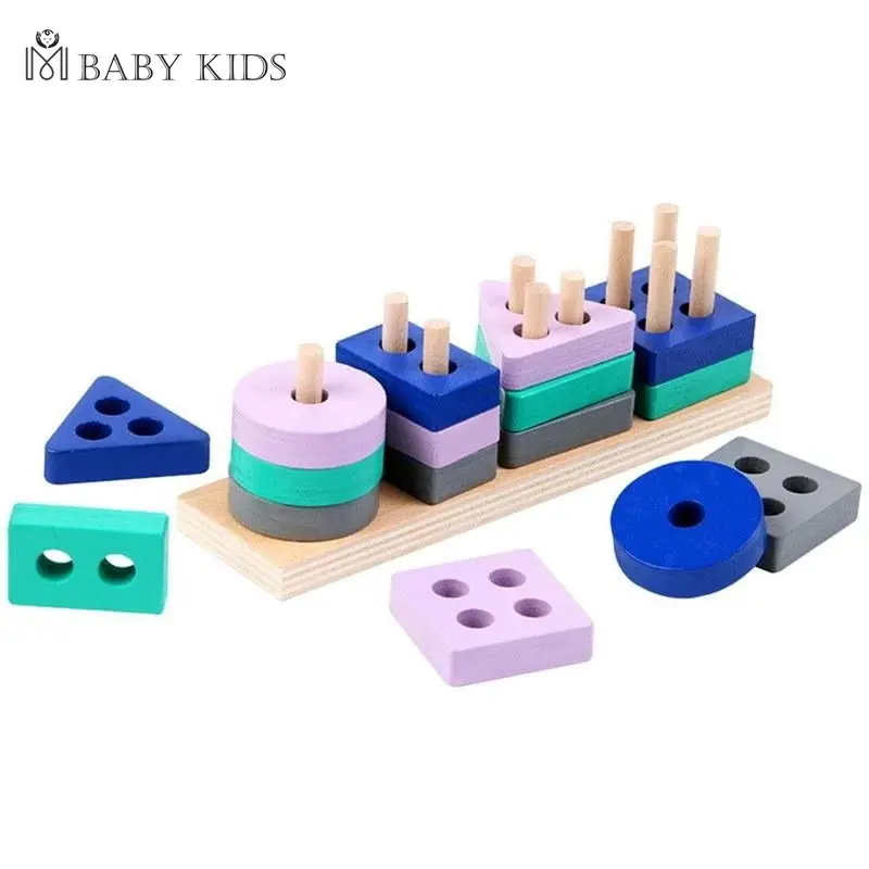Montessori Toy Wooden Building Blocks Early Learning Educational Toys Color Shape Match Kids Puzzle Toys for Children Boys Girls 2