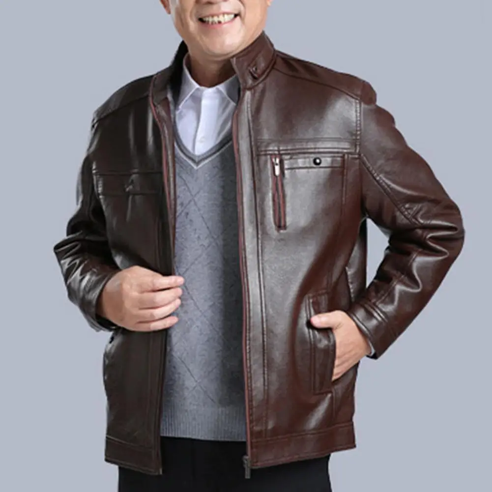 

Men Faux Leather Jacket Mid-aged Men's Stand Collar Faux Leather Jacket with Soft Plush Pockets Windproof Zipper Closure Coats