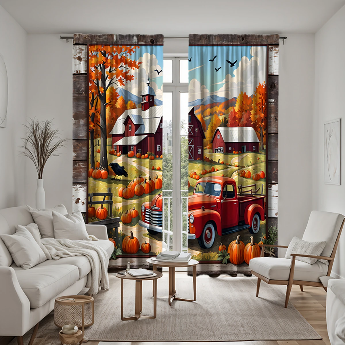 2pcs HD Harvest Festival Mountain hut Pumpkin bus decorative curtain Yellow tie digital printed curtain Home decoration style 6