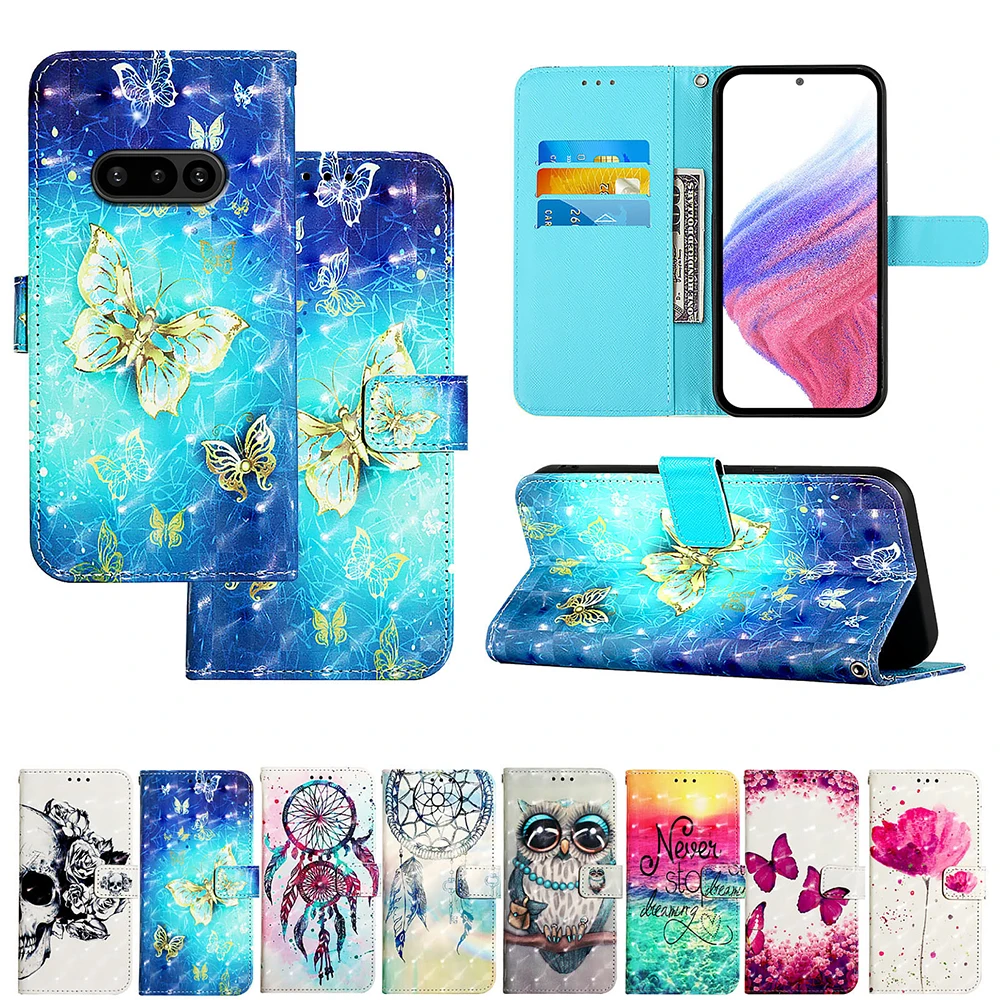 Cute Painted Leather Flip Case - Wallet Stand Cover with Card Holder and Strap