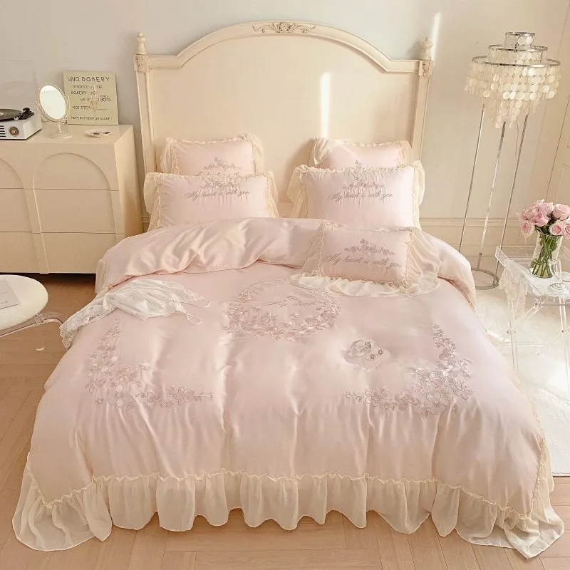 

100%Eucalyptus Lyocell Duvet Cover Set Ruffels Princess Girls White Pink Bedding set Silky Smooth Cooling Bed Sheet Pillowcases