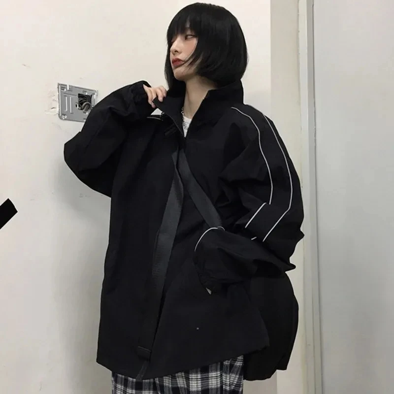 

Women's Reflective Jacket Autumn Casual Full with Black Loose Korean Clothing Classic Retro Outerwear Fashion Korean Style